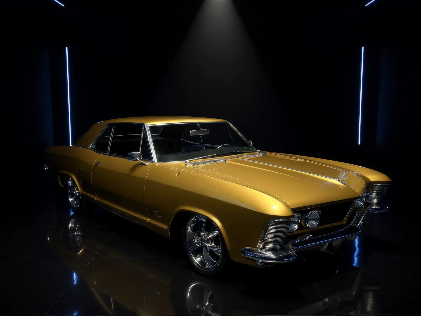 The same car on a dark studio backdrop, lit from above, standing on a glossy reflective floor.